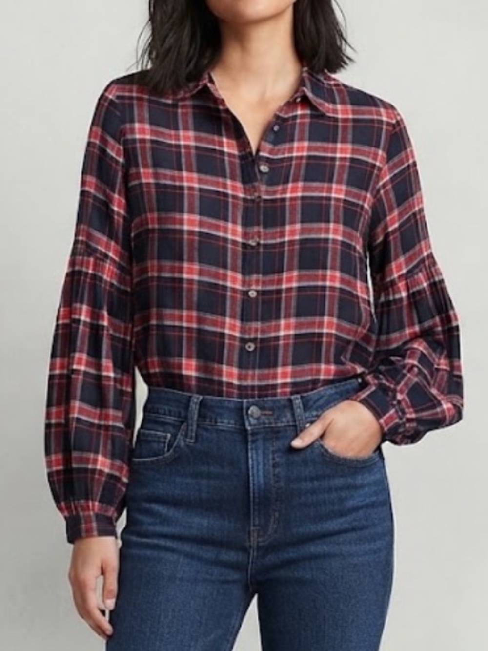 LOFT Plaid Balloon Sleeve Button Down Top Large